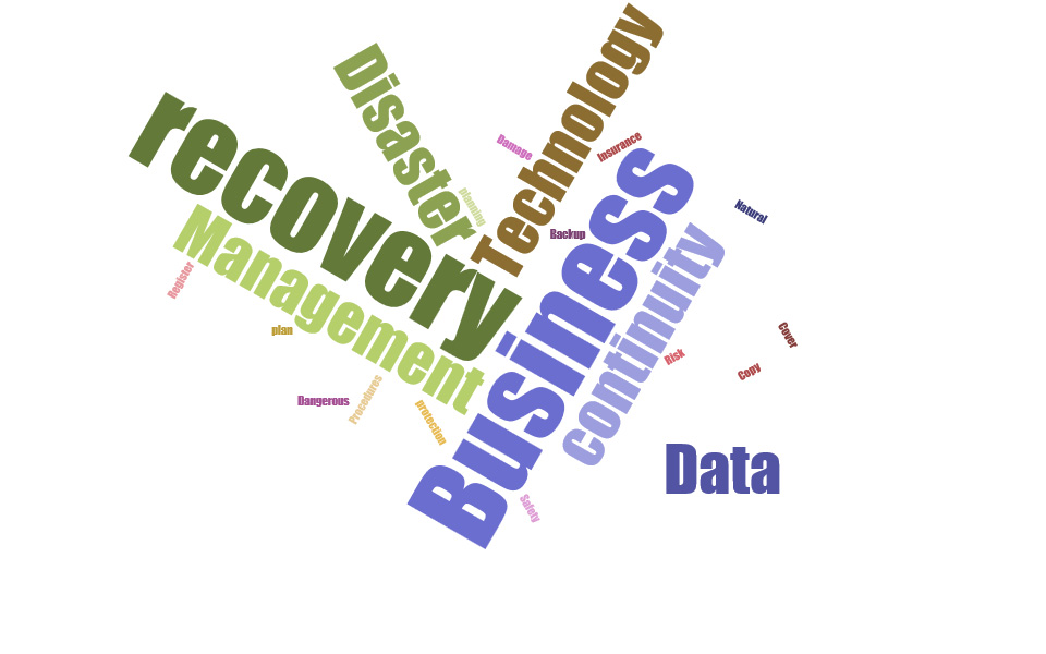 Disaster Recovery Plan Wordcloud image. Including words: recovery plan, business continuity, management, planning, business continuity, Business technology, Data protection, Data recovery Procedures, Management, Technology, Insurance Cover, Risk Register, Backup Copy, Dangerous, Damage, Safety, Natural Disaster,