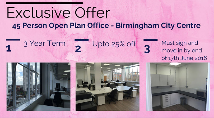Exclusive Offer Image - 45 Person Open Plan Office Birmingham City Centre. 3 Year Term, 
Upto 25% off. Must sign and move in by 17th June